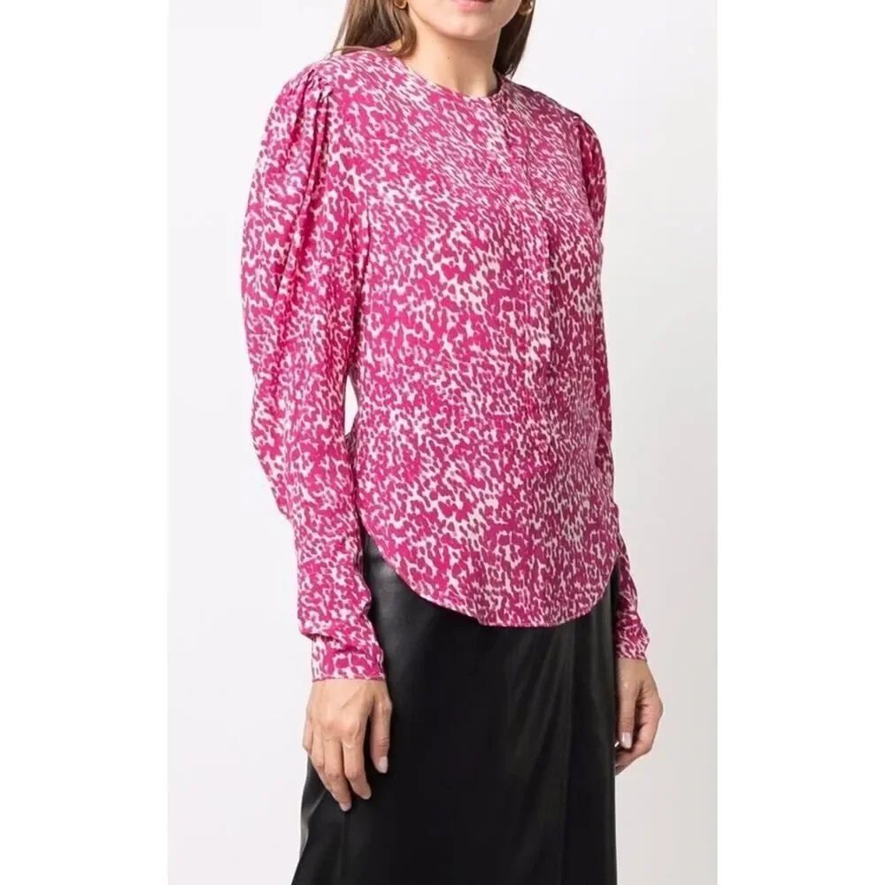 Isabel Marant Pink Floral Silk Blouse Long Sleeve Curved Hem EU38 US6